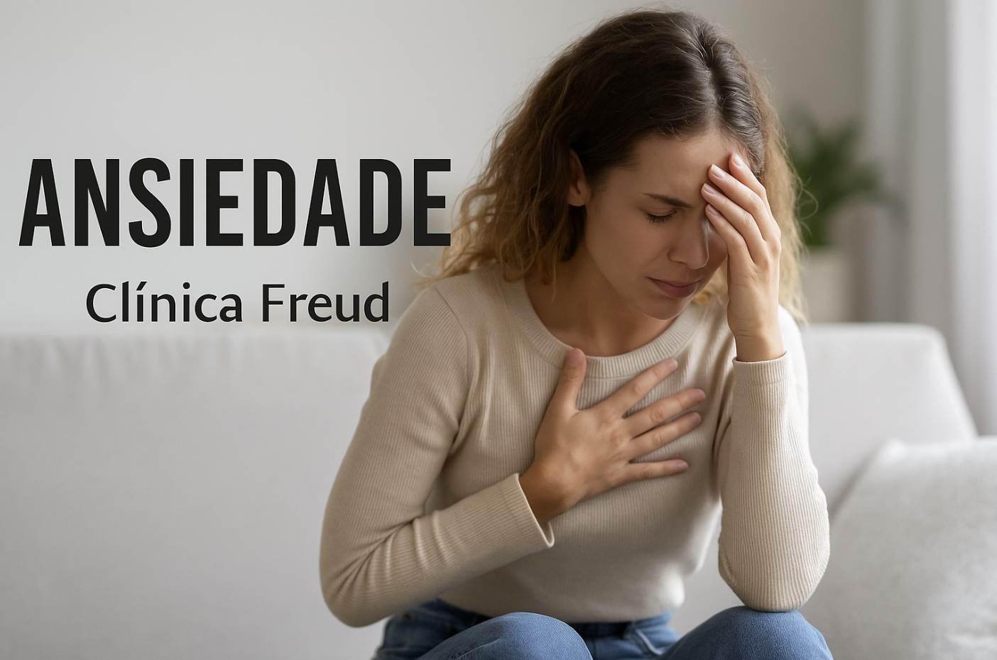 Mulher com expressão ansiosa, segurando o peito — imagem representando os sintomas físicos da ansiedade na Clínica Freud em Lisboa.