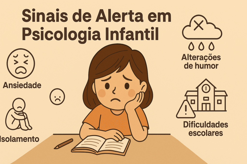 Ilustração de criança triste rodeada por ícones de sinais de alerta emocionais, como ansiedade, isolamento e dificuldades escolares.