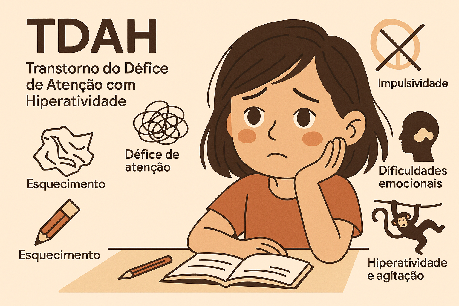 Ilustração sobre TDAH em crianças, mostrando uma menina com dificuldade de atenção e ícones que representam impulsividade, hiperatividade, esquecimento e dificuldades emocionais.
